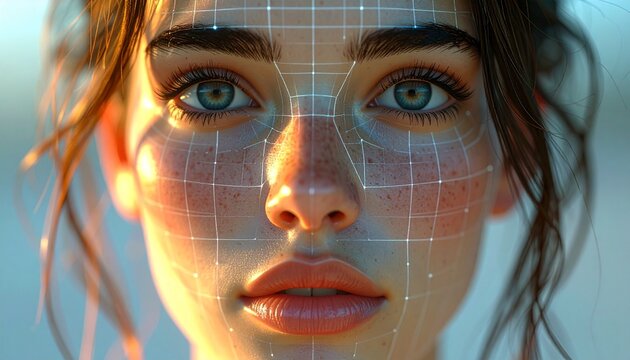 Future of Identity Woman s Face with Digital Overlay and Grid for Biometric Scan