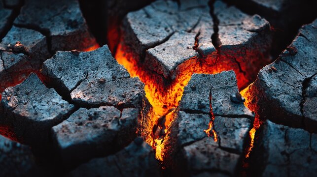 Close-up of glowing burning embers with cracks and orange light