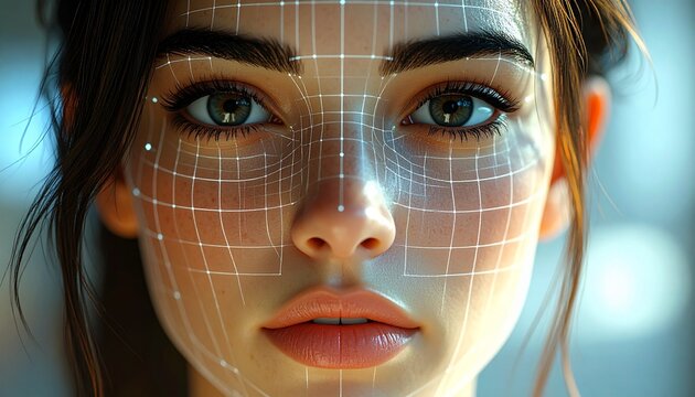 Futuristic AI Face Recognition Technology Woman s Portrait with Digital Grid Overlay