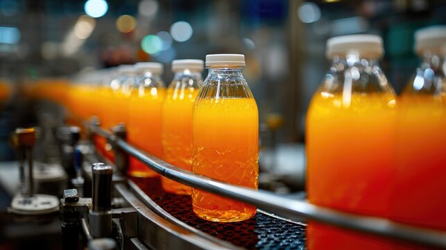 Orange juice bottles on automated filling line in factory - Powered by Adobe