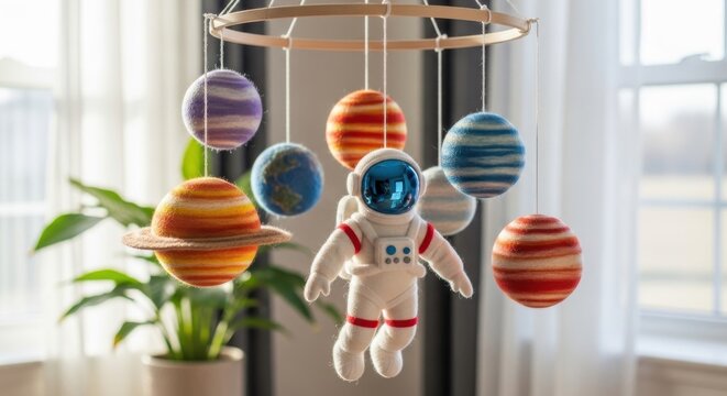 Unique handmade felt mobile featuring planets and astronaut indoors background - Powered by Adobe