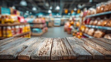 Wooden table with blurred supermarket background