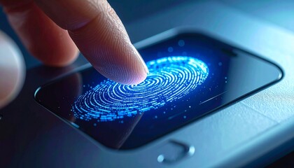 Fingerprint Scan Security Close up of a finger pressing on a glowing blue fingerprint scanner for biometric authentication representing technology identity and privacy