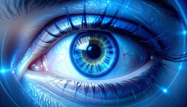 Future Tech Vision Blue Human Eye with Digital Grid Overlay Cybernetic Surveillance AI Scan - Powered by Adobe