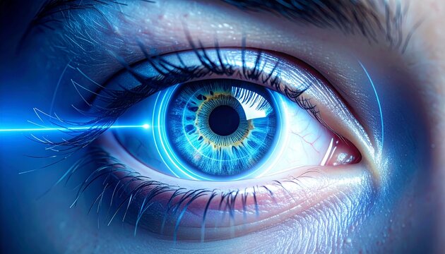 Futuristic Digital Eye Scan Blue Laser Beam Illuminating Iris for Advanced Biometric Security Cyber Technology and Vision Concepts