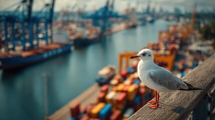 A seagull standing on a wooden rail with cargo ships and containers in the background at a busy port