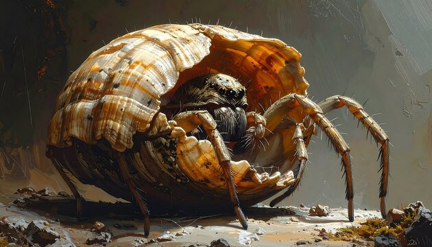 A hyper-realistic illustration presents a spider nestled within a cracked, textured seashell, creating a striking contrast