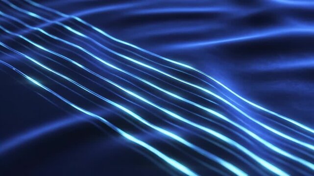 Abstract Blue Light Trails - A close-up shot showcases multiple parallel bright blue light trails flowing across a dark blue surface.