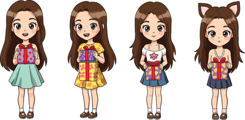 Cartoon girls with gift boxes, vector character illustration, festive celebration scene, cute fashion outfits, joyful moment, present giving concept