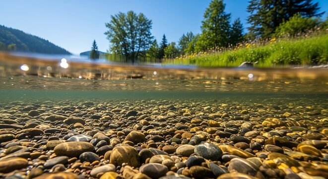 Underwater and above water view of a clear riverbed with pebbles and lush green banks.