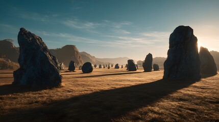 Ancient standing stones are silhouetted against a bright sunrise in a wide open field.