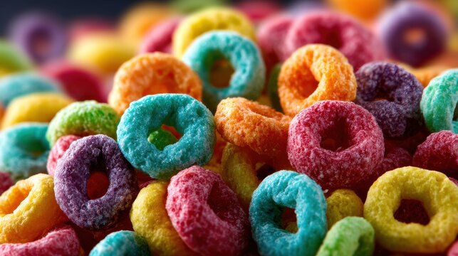Close up of colorful cereal rings, a sweet and crunchy breakfast food