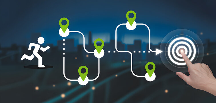 Runner on a path to a target with GPS pins running