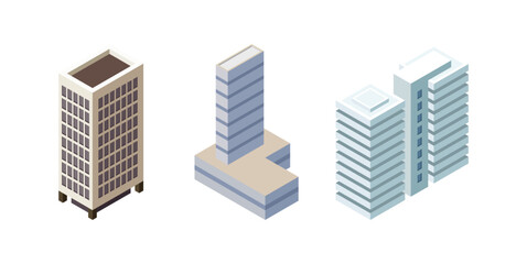 Isometric commercial and residential building. Modern architecture. Smart isometric building game assets. Business center building 3d render illustration with windows. Simple icon white colors.