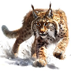 Obraz premium Arctic Lynx in Pursuit: A striking lynx, with its tufted ears and keen eyes, stalks through the snow, ready to pounce, embodying the raw power and agility of the wild.