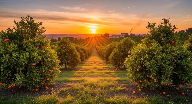 Vibrant Sunset Over a Lush Orange Grove.