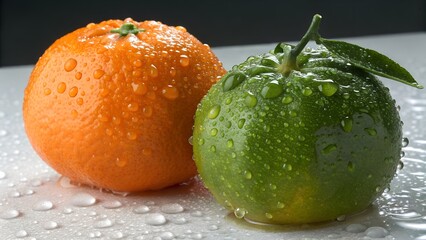  Fresh Green Mandarin and Orange with Water Droplets