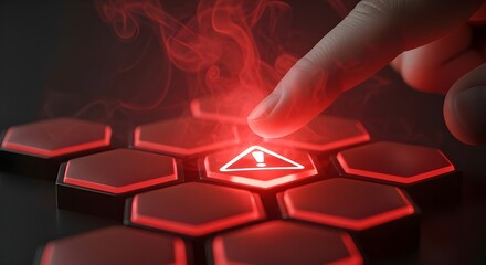 Close up of a human finger pressing a glowing red hexagonal button with a warning symbol illuminated