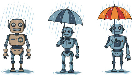 Obraz premium Cartoon robots in rain, umbrella illustration, vector rainy day scene, AI characters, emotional robots, playful weather concept, character design art