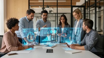 Diverse business team collaborates on futuristic holographic data displays in modern office - Powered by Adobe