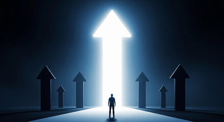 A man standing before a bright upward arrow surrounded by smaller upward arrows in dark blue