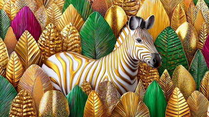 Obraz premium Golden zebra in vibrant jungle with metallic leaves for wallpaper and decorative design
