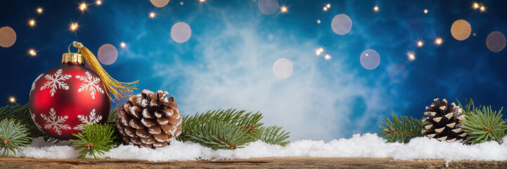 Festive Christmas ornament and pinecone on snow against a bokeh background creating a holiday atmosphere