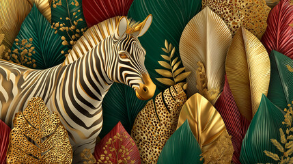 Obraz premium Golden zebra in vibrant jungle with metallic leaves for wallpaper and decorative design