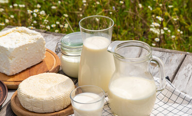 Dairy products on a cow farm. Selective focus.