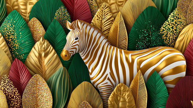 Golden zebra in vibrant jungle with metallic leaves for wallpaper and decorative design