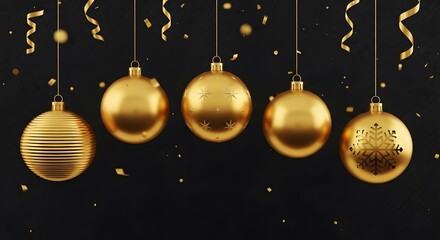 Elegant golden christmas ornaments hanging with confetti and ribbons on black background