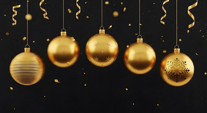 Elegant golden christmas ornaments hanging with confetti and ribbons on black background