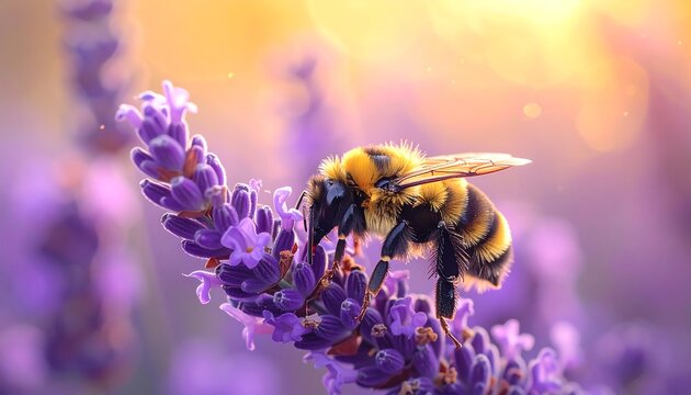 A close-up view of a bumblebee on lavender blossoms with the sun shining behind it, creating a warm glow - Powered by Adobe