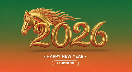 A golden horse head and the year 2026 are displayed on a vibrant green and orange gradient background, wishing a happy new year in a festive 3D render.