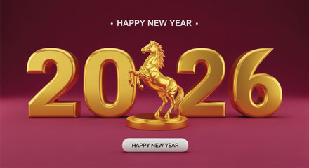A golden horse statue is placed between the numbers 2026 on a maroon background. This image represents the celebration of the new year with a festive design.