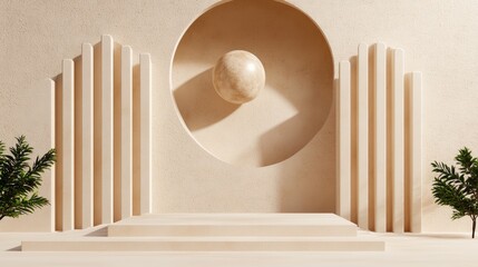 Beige marble columns rise above steps leading to a celestial realm filled with moon-like objects, creating a whimsical atmosphere