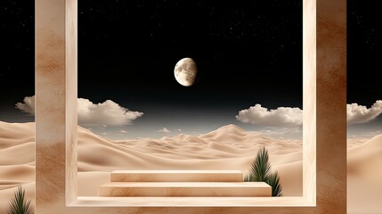 Beige marble columns rise above steps leading to a celestial realm filled with moon-like objects, creating a whimsical atmosphere