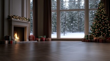 Naklejka premium A cozy cabin features a glowing Christmas tree, gifts, a crackling fireplace, and snowy trees visible through a large window