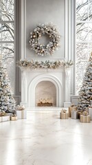 Naklejka premium Large room features three decorated Christmas trees, a cozy fireplace, and presents arranged elegantly around the festive setting