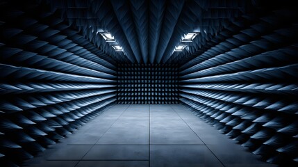 Fototapeta premium Dark, narrow corridor features textured, sound-absorbing walls leading to a square end