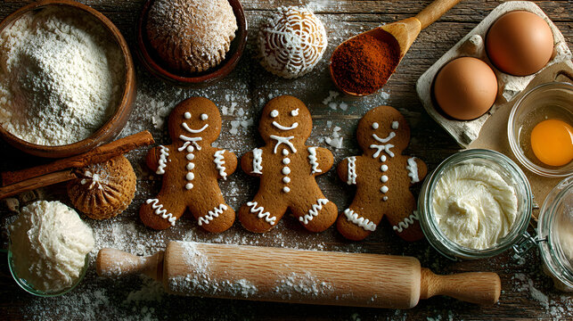 Gingerbread Man Creation - Gingerbread men being made on a table with baking tools and ingredients.
