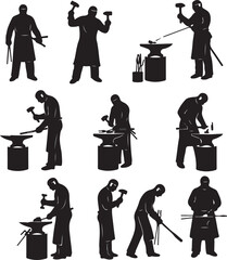 Blacksmith Silhouettes Collection Crafting Metal at Anvil with Hammer Tools