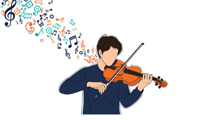Talented young man playing the violin with passion, as a stream of colorful musical notes flows from his instrument.