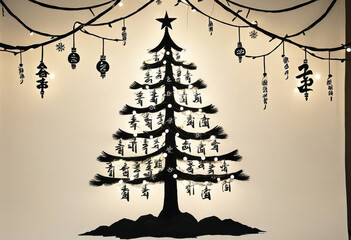 Korean calligraphy Christmas tree featuring hangul script ornaments, inked brushstroke garlands, and soft black ink-inspired lights