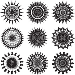 Set of abstract sun shapes and decorative sunburst elements in black and white