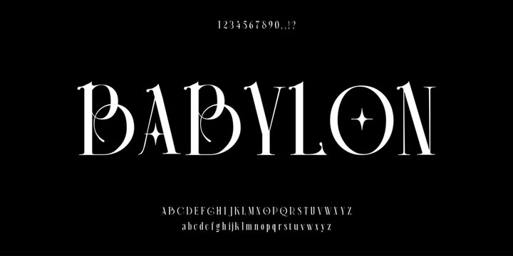 Babylon font. Elegant font type or luxury premium typeface, vector English royal alphabet. Classic typography in modern or old art deco style, serif letters for modern or retro poster font