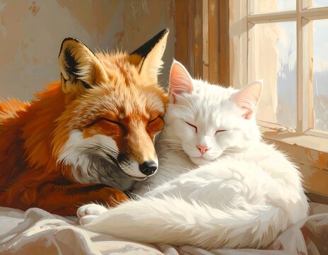 A red fox and a fluffy white cat snuggle together, eyes closed in peaceful contentment near a sunny window