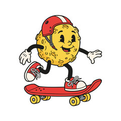 Cartoon Moon Character Skateboarding with Helmet and Sneakers.