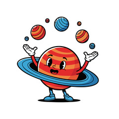 Cartoon Planet Juggling Smaller Planets with Rings and a Cheerful Expression.