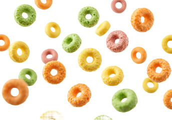 Vibrant multi-colored ring-shaped breakfast cereal pieces, crisp, falling against a transparent background with copy space, concept for a cheerful breakfast advertisement